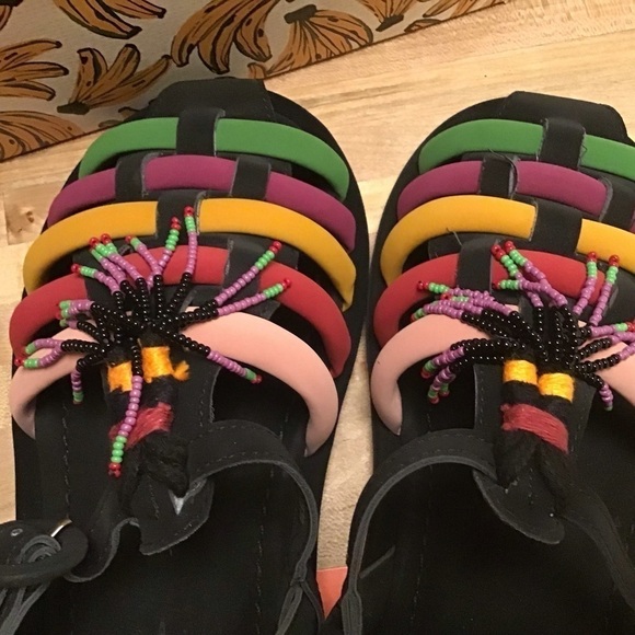 Farm Rio Beaded Rainbow Tube Strap Tassel Sandals with tropical print dust bag … - Picture 6 of 9